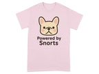 Pink t-shirt with a cartoon French bulldog and the text "Powered by Snorts".