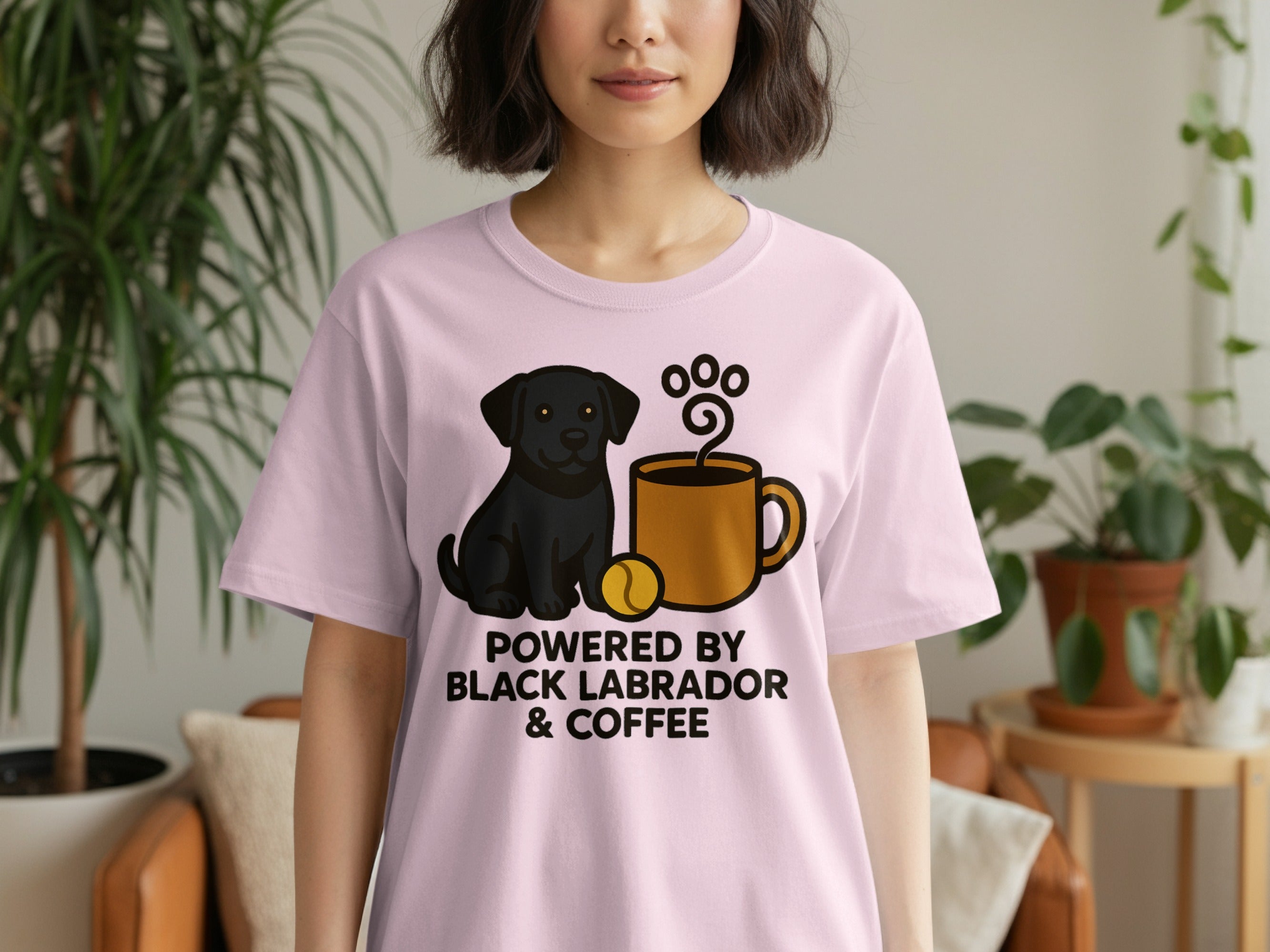 Pink t-shirt with black labrador, coffee cup, and text "Powered by Black Labrador & Coffee".