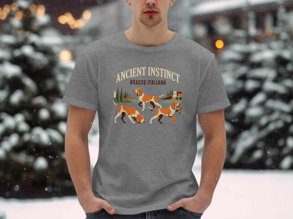Grey t-shirt with "ANCIENT INSTINCT BRACCO ITALIANO" and three Bracco Italiano dogs.