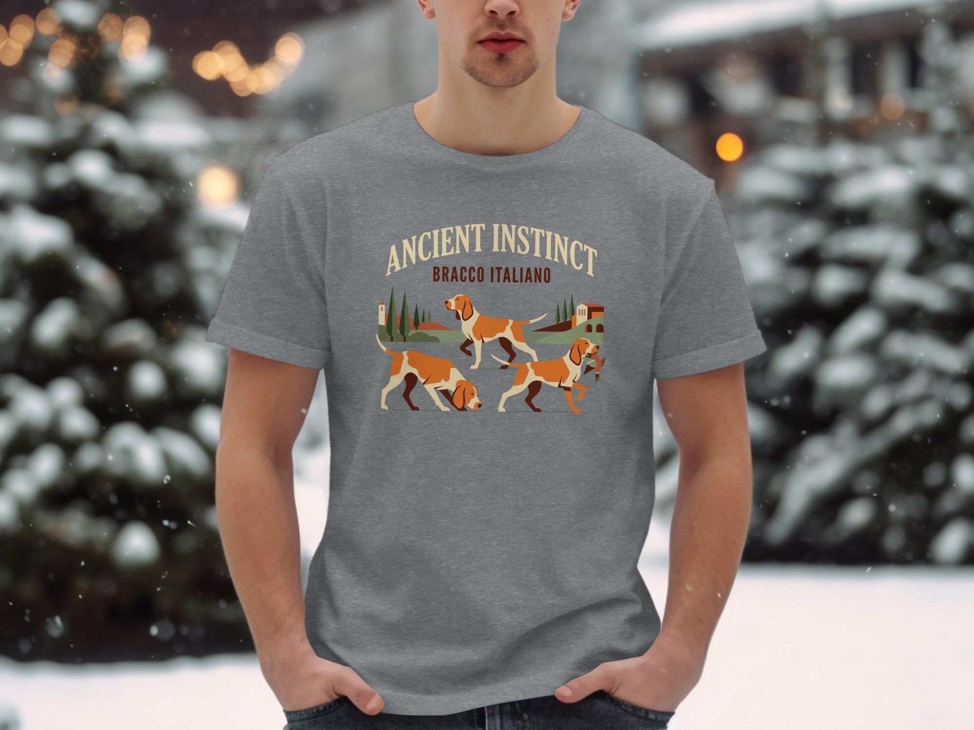 Grey t-shirt with "ANCIENT INSTINCT BRACCO ITALIANO" and three Bracco Italiano dogs.