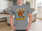 Dachshund puppy in water splash with "First of all, I'm a delight" text.