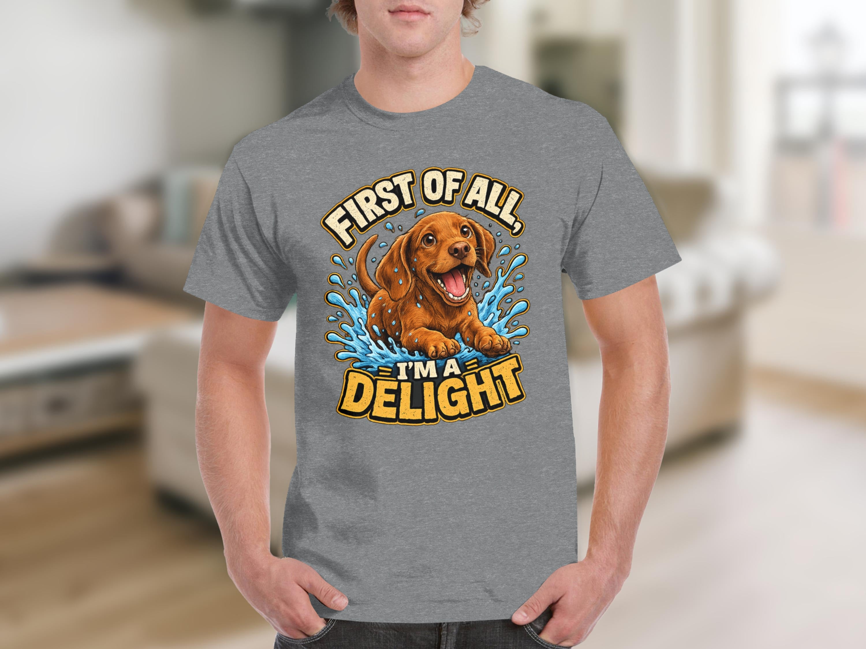 Dachshund puppy in water splash with "First of all, I'm a delight" text.