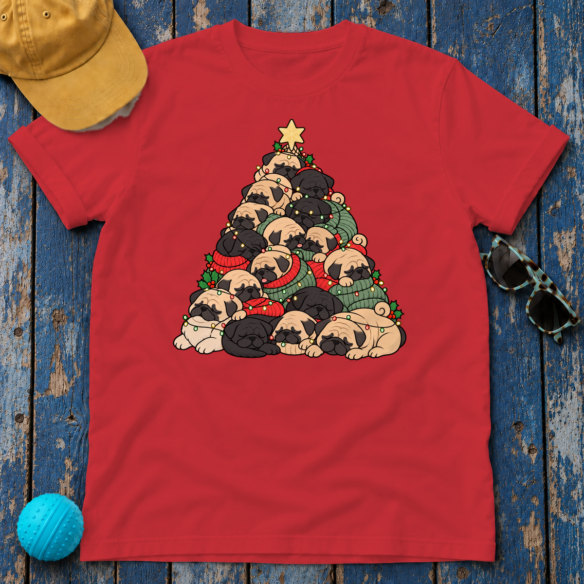 Pug Christmas Tree t-shirt in Red, flat lay