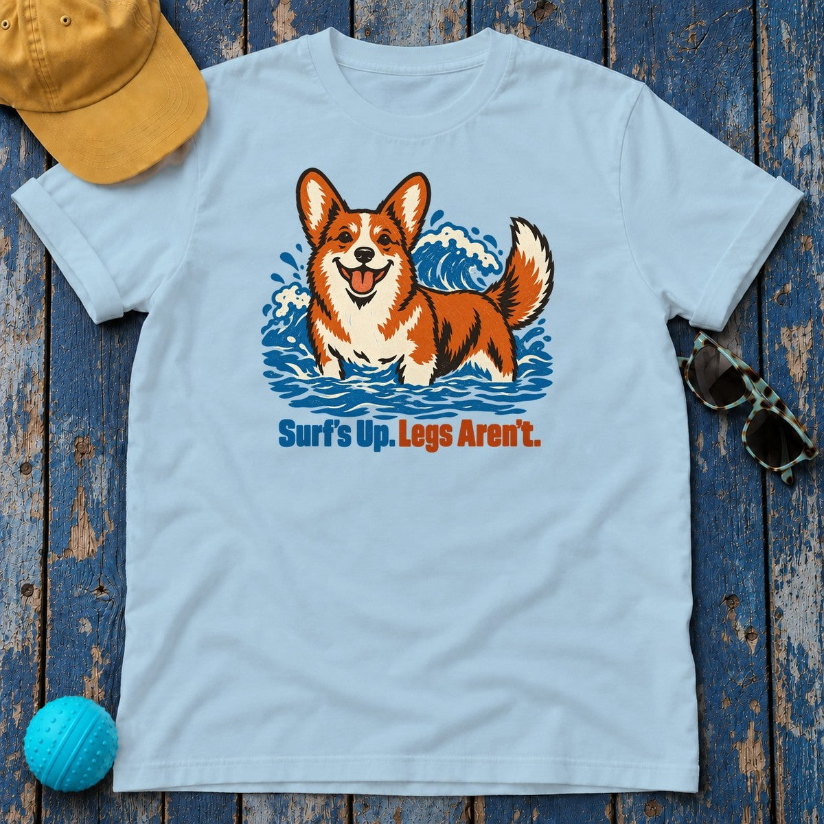 Surfs Up Legs Arent Corgi T-Shirt — Light Blue