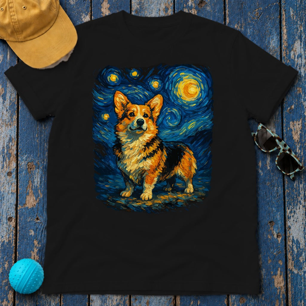 Corgi as Starry Night by Vincent van Gogh Style T-Shirt in Black