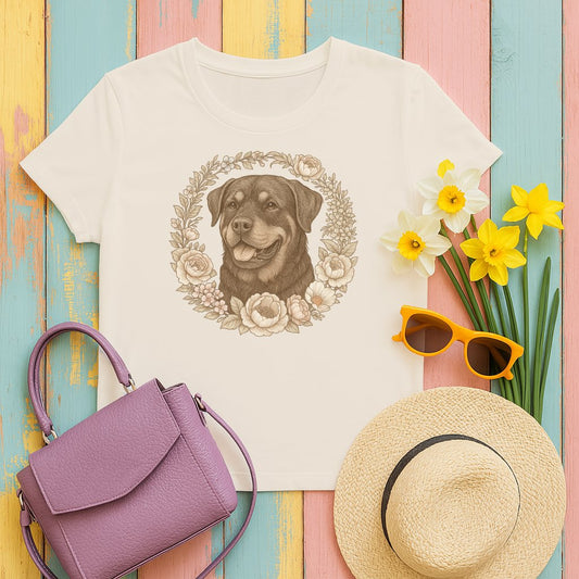 Floral Wreath Rottweiler Print on White T-shirt product