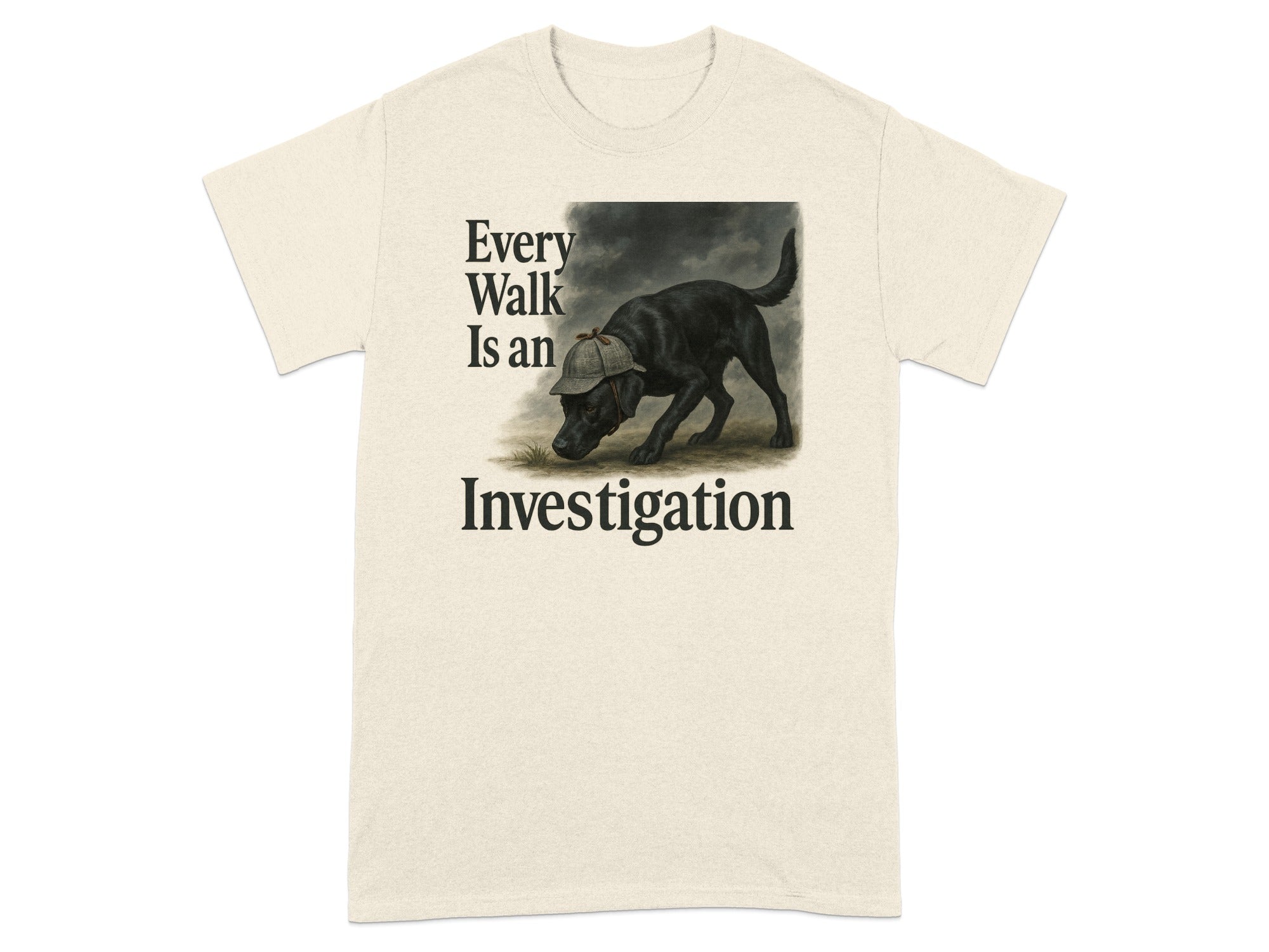 Black dog wearing a hat investigates the ground, with "Every Walk Is an Investigation" text.