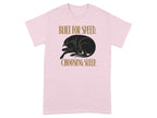 Pink t-shirt with black dog silhouette and text "BUILT FOR SPEED. CHOOSING SLEEP."