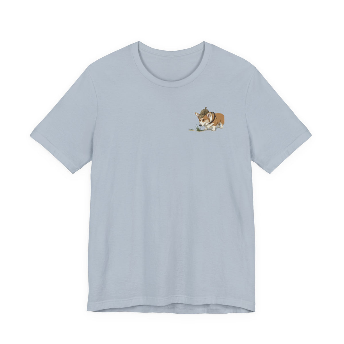 Every Walk Corgi Dog Detective Back Print Tee in Light Blue, front pocket