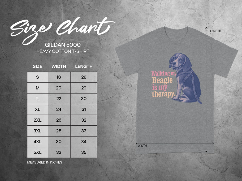 GILDAN 5000 size chart for heavy cotton t-shirts with beagle graphic.