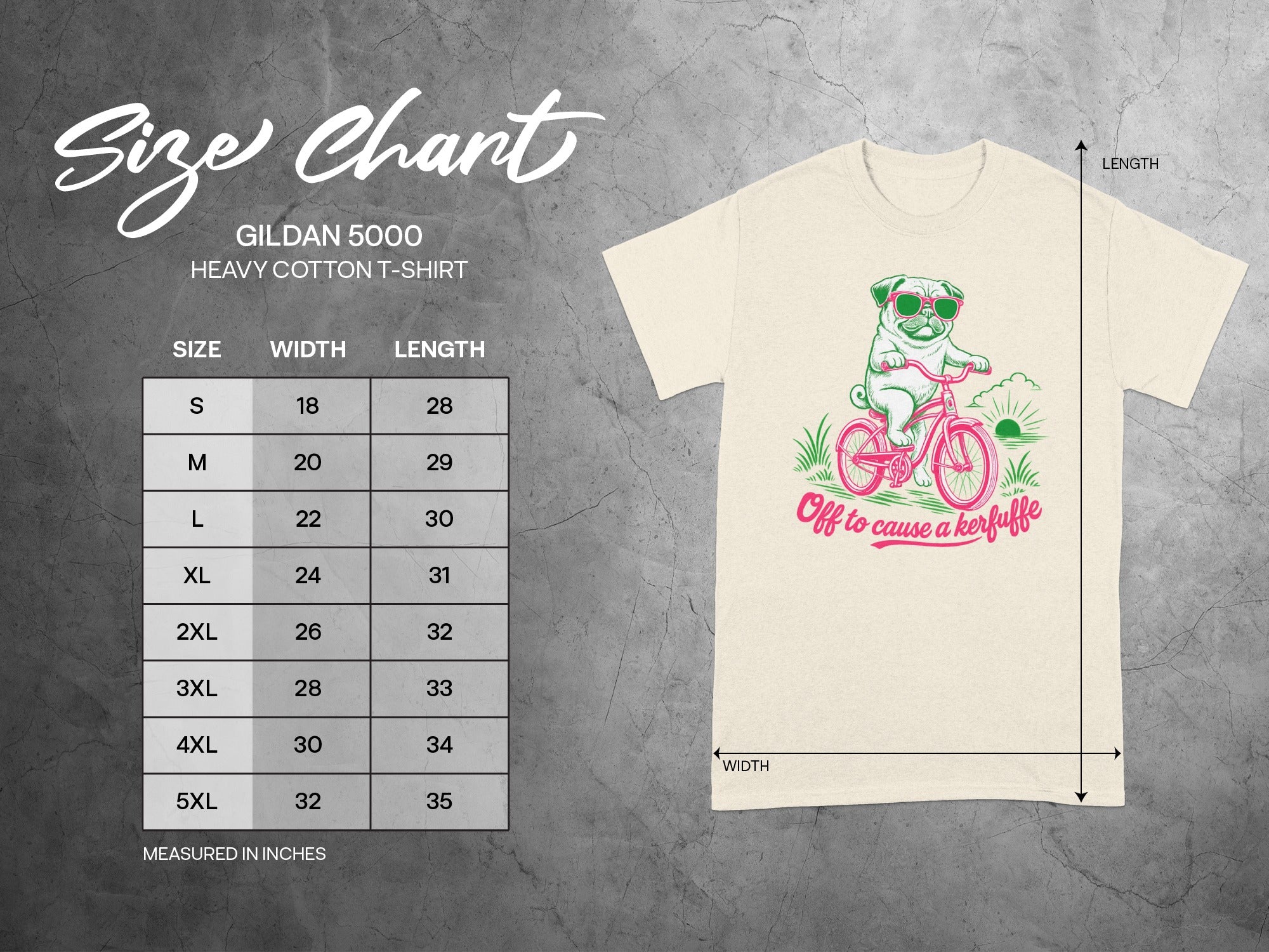 Gildan 5000 size chart for heavy cotton t-shirt with dog graphic.