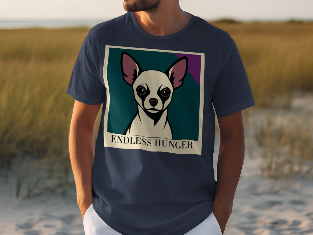 Navy t-shirt with a graphic of a chihuahua's head and the text "ENDLESS HUNGER".