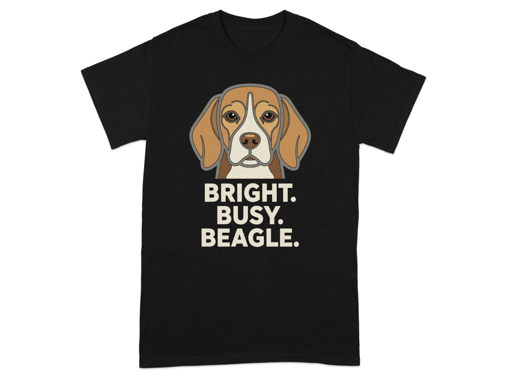 Black t-shirt with a beagle graphic and text "BRIGHT. BUSY. BEAGLE."