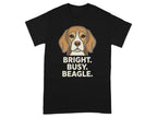 Black t-shirt with a beagle graphic and text "BRIGHT. BUSY. BEAGLE."