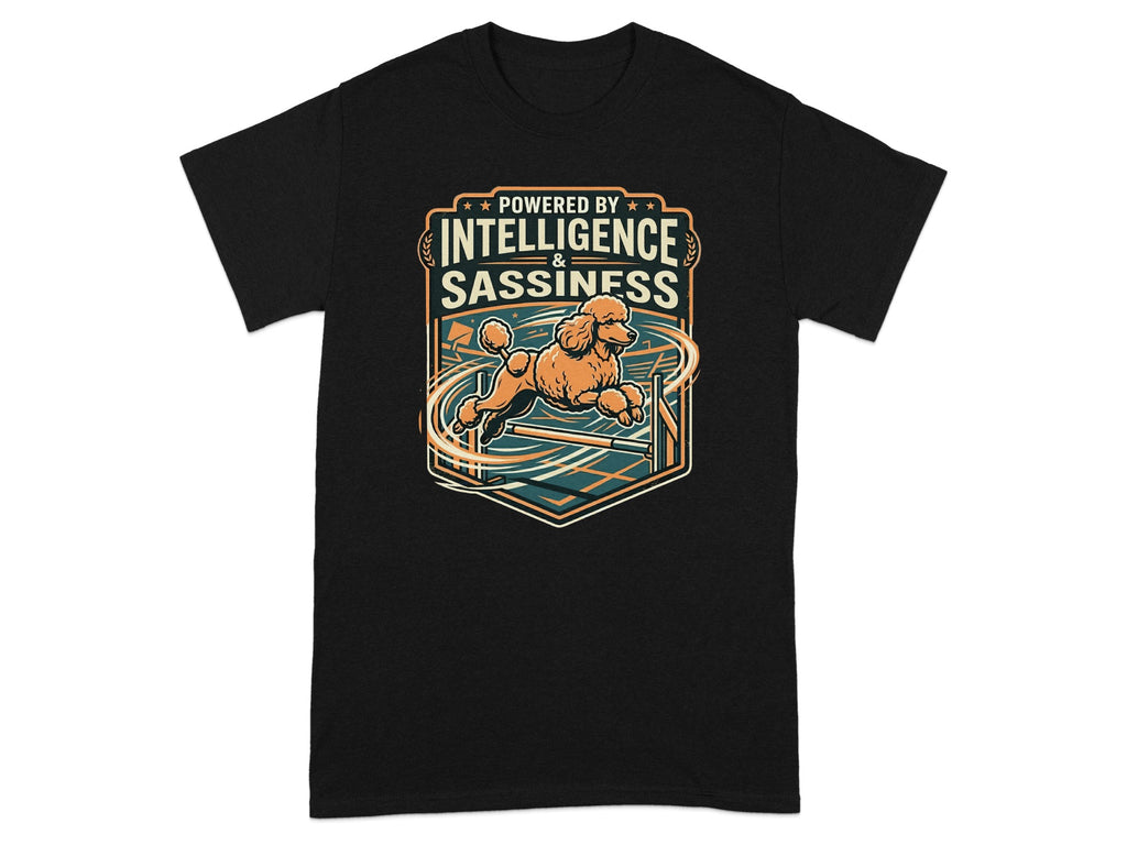 Black t-shirt with graphic of a poodle jumping over an obstacle.