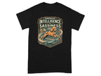 Black t-shirt with graphic of a poodle jumping over an obstacle.