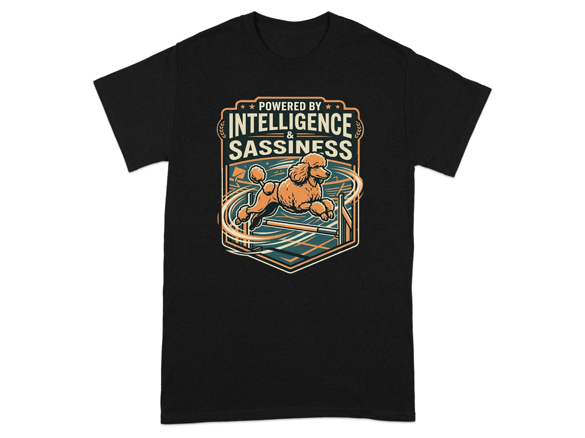 Black t-shirt with graphic of a poodle jumping over an obstacle.