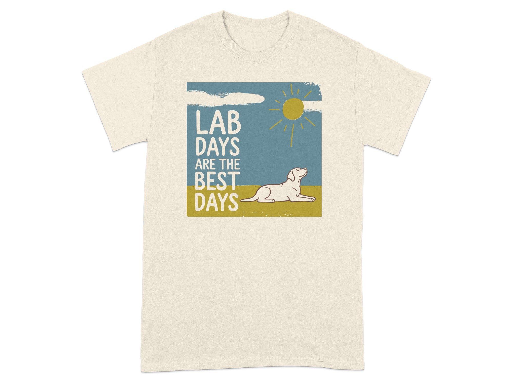 Cream t-shirt with illustration of a dog and text "LAB DAYS ARE THE BEST DAYS".