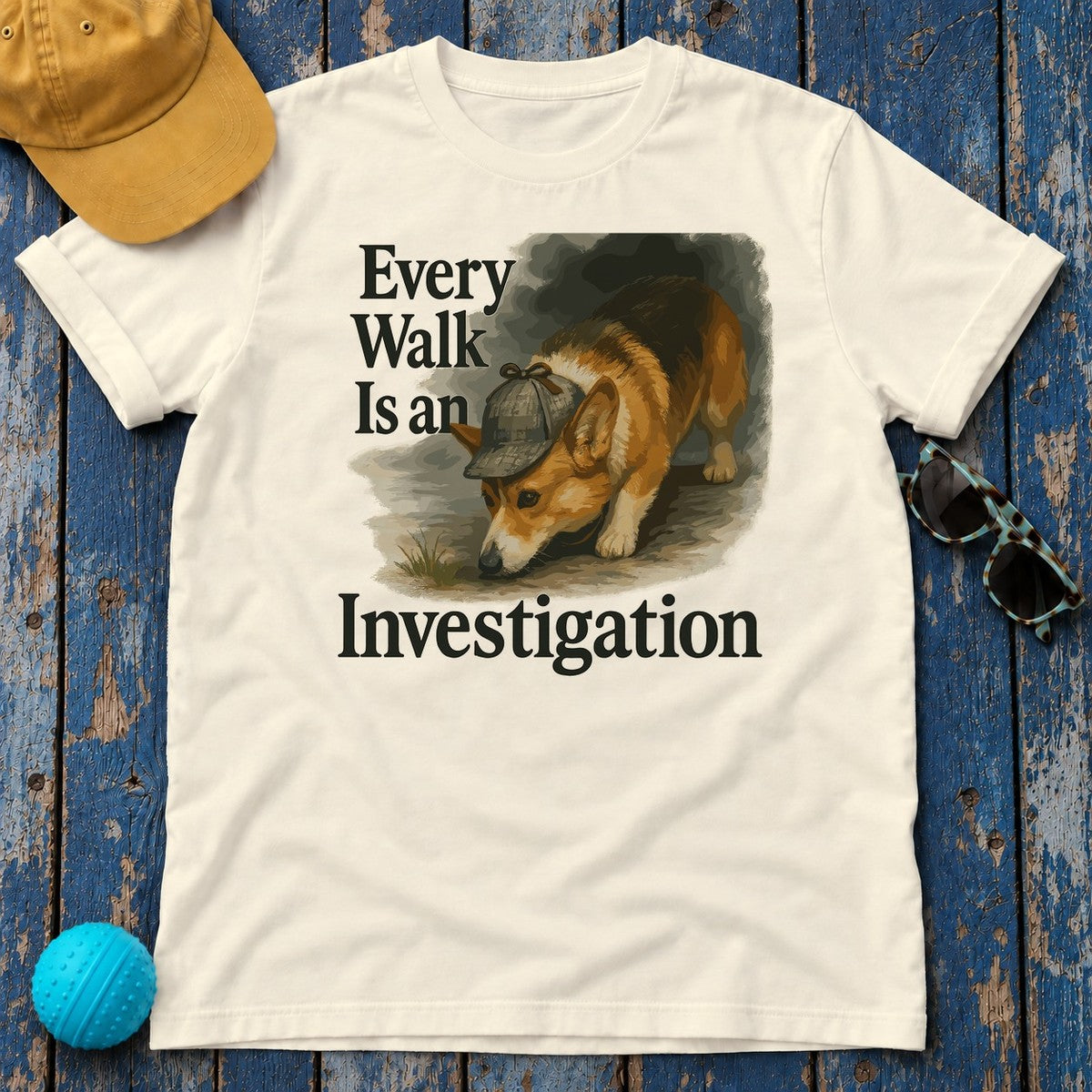 Whimsical Corgi Detective T-Shirt in Natural