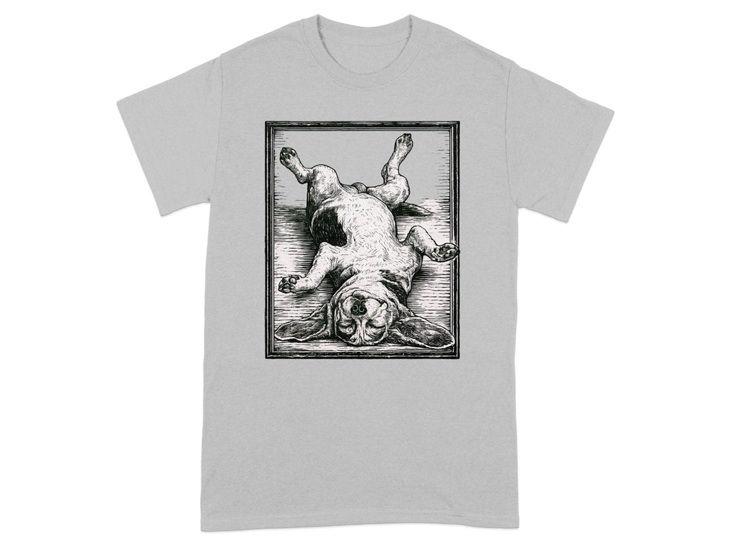 T-shirt with a black and white illustration of a beagle lying on its back.
