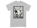T-shirt with a black and white illustration of a beagle lying on its back.