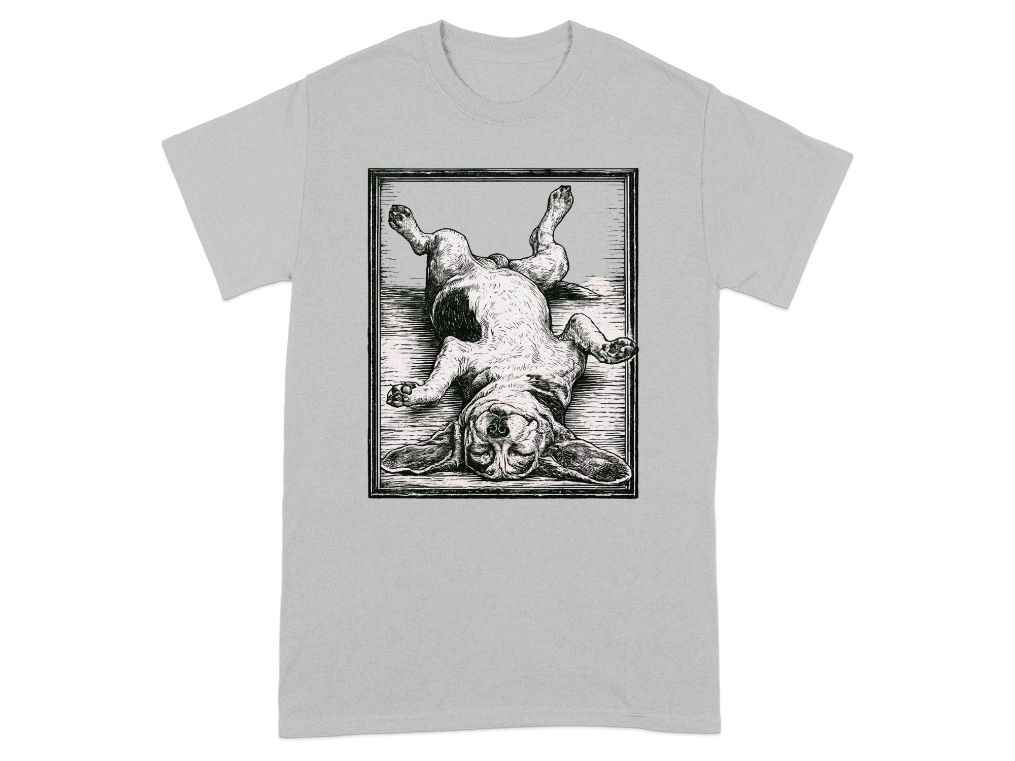 T-shirt with a black and white illustration of a beagle lying on its back.