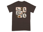 T-shirt with a collage of illustrated Schnauzer dogs and related items.