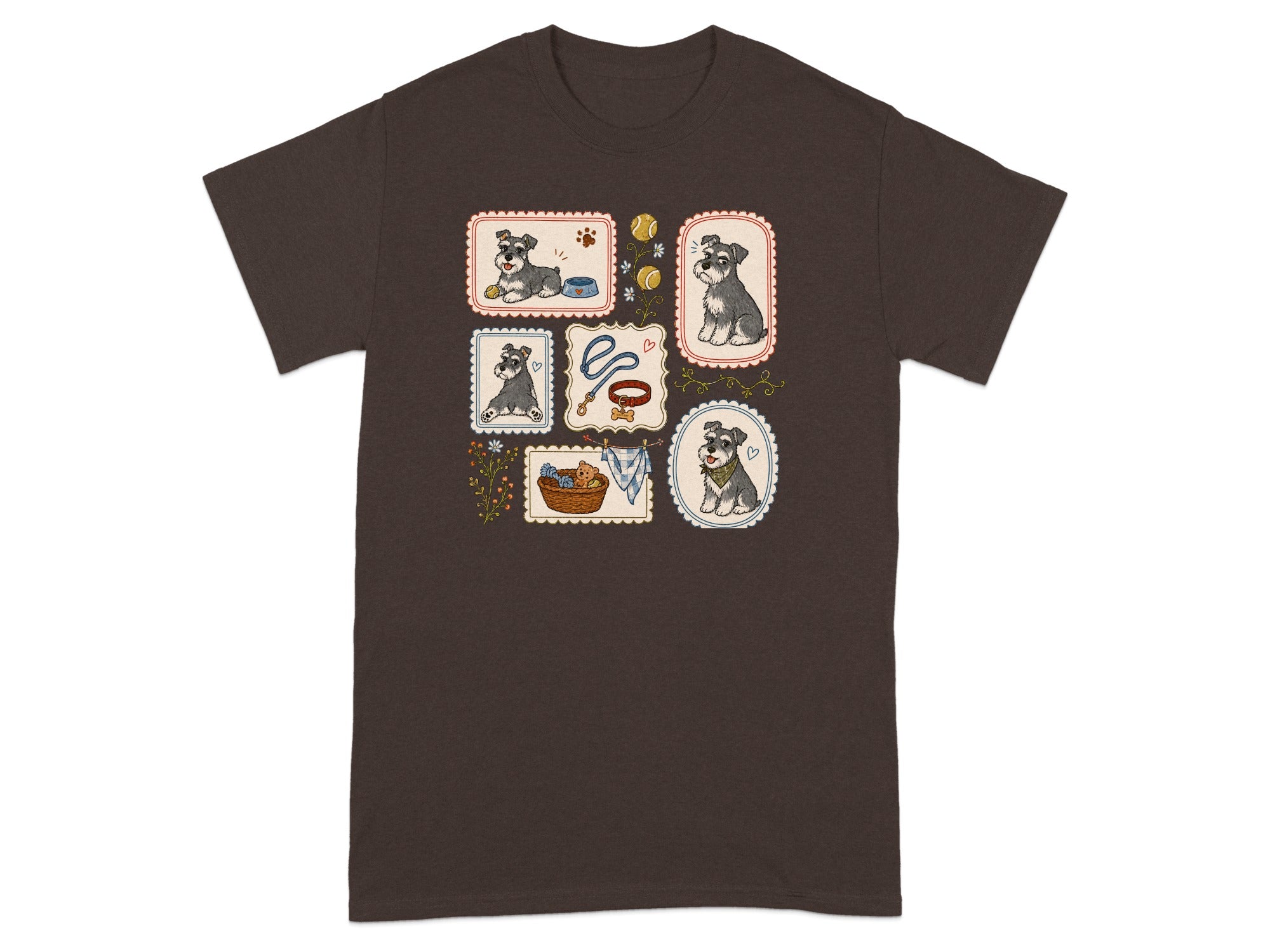 T-shirt with a collage of illustrated Schnauzer dogs and related items.