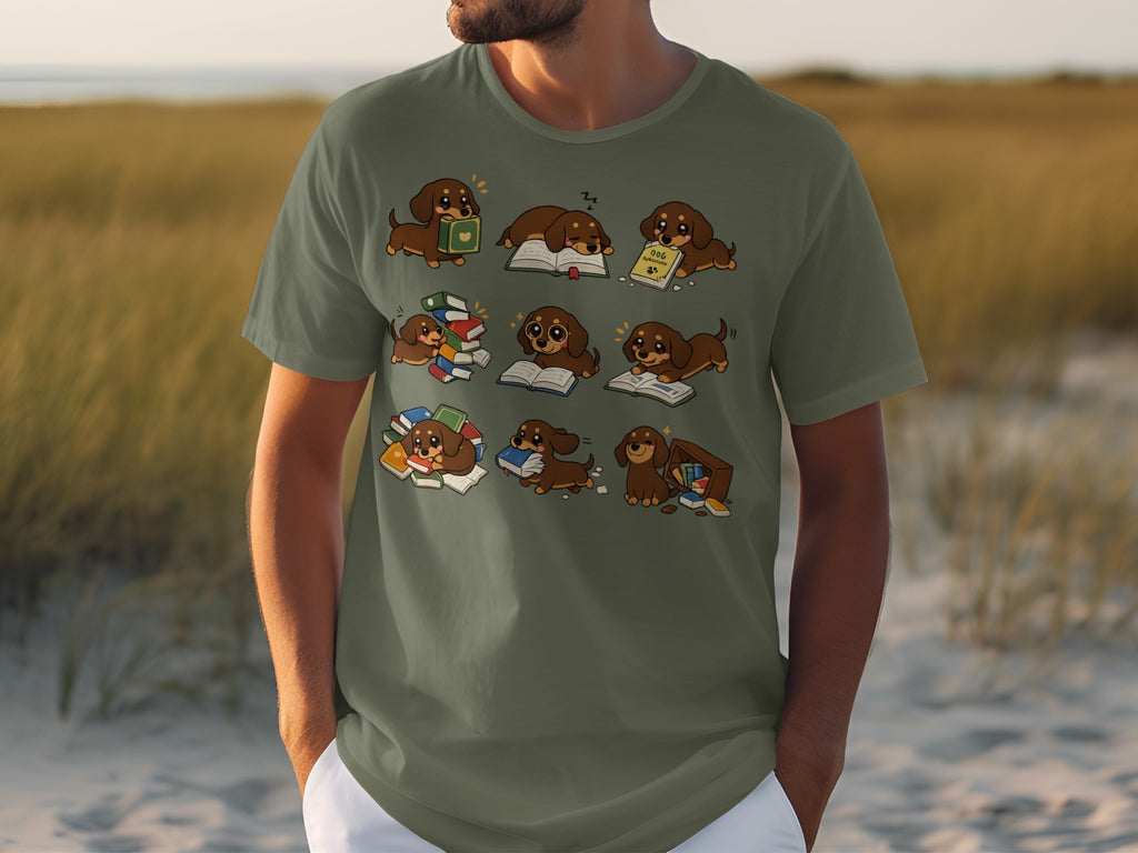 T-shirt graphic with cartoon dachshunds reading books and sleeping on them.