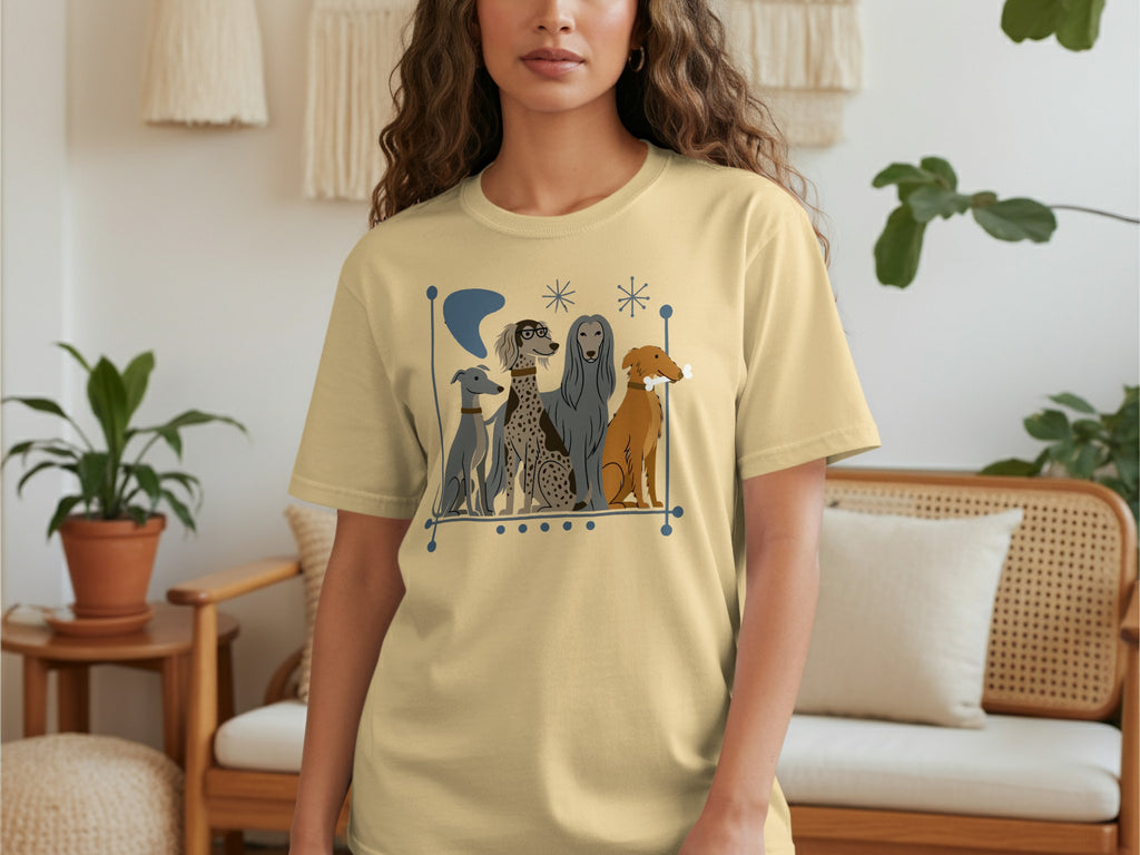 T-shirt with four dogs in a line, wearing glasses and collars.