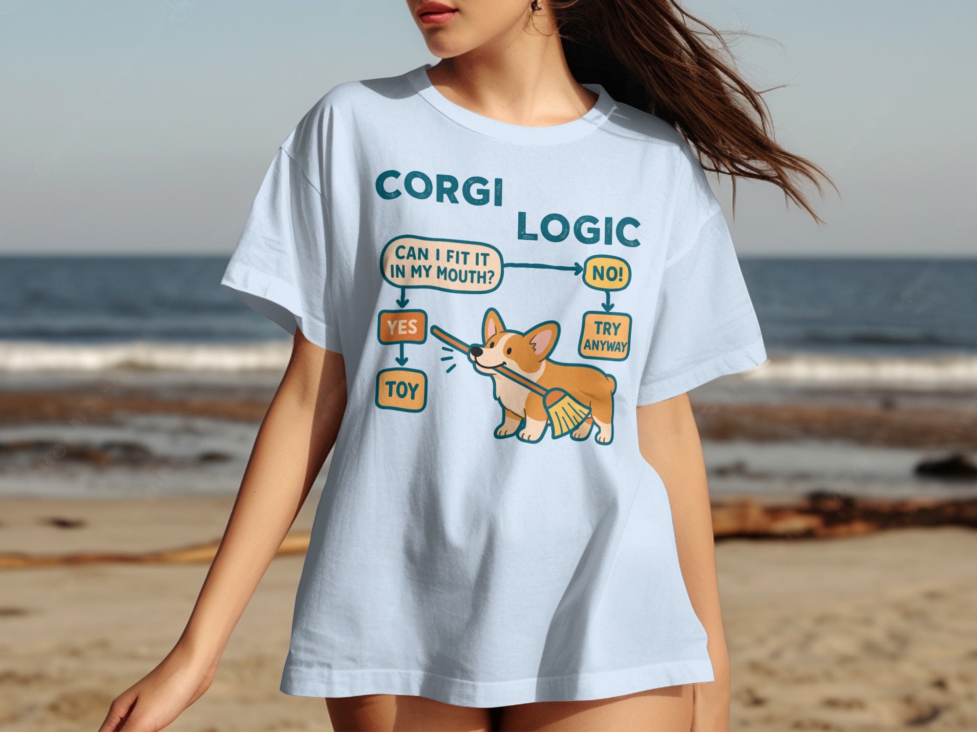 Corgi wearing a scarf holding a broom, with "Corgi Logic" flowchart.