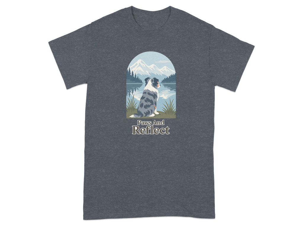 Australian Shepherd by lake with mountains, text "Paws And Reflect".