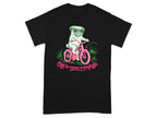 Black t-shirt with a pug riding a pink bicycle, wearing sunglasses, with text "Off to cause a kerfuffle."