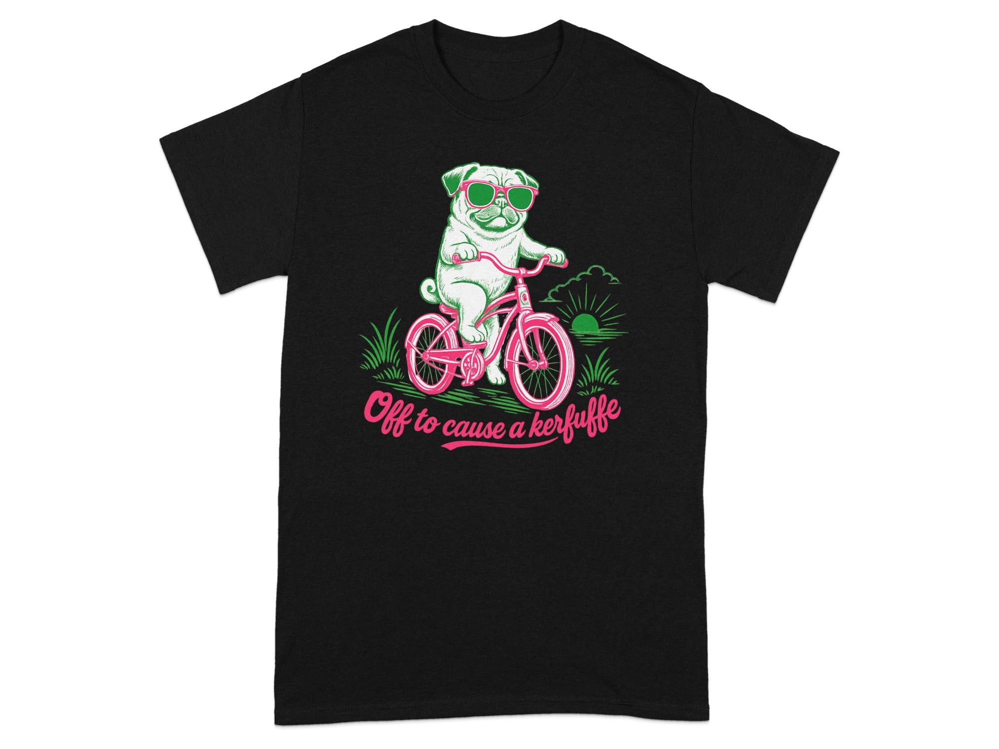 Black t-shirt with a pug riding a pink bicycle, wearing sunglasses, with text "Off to cause a kerfuffle."