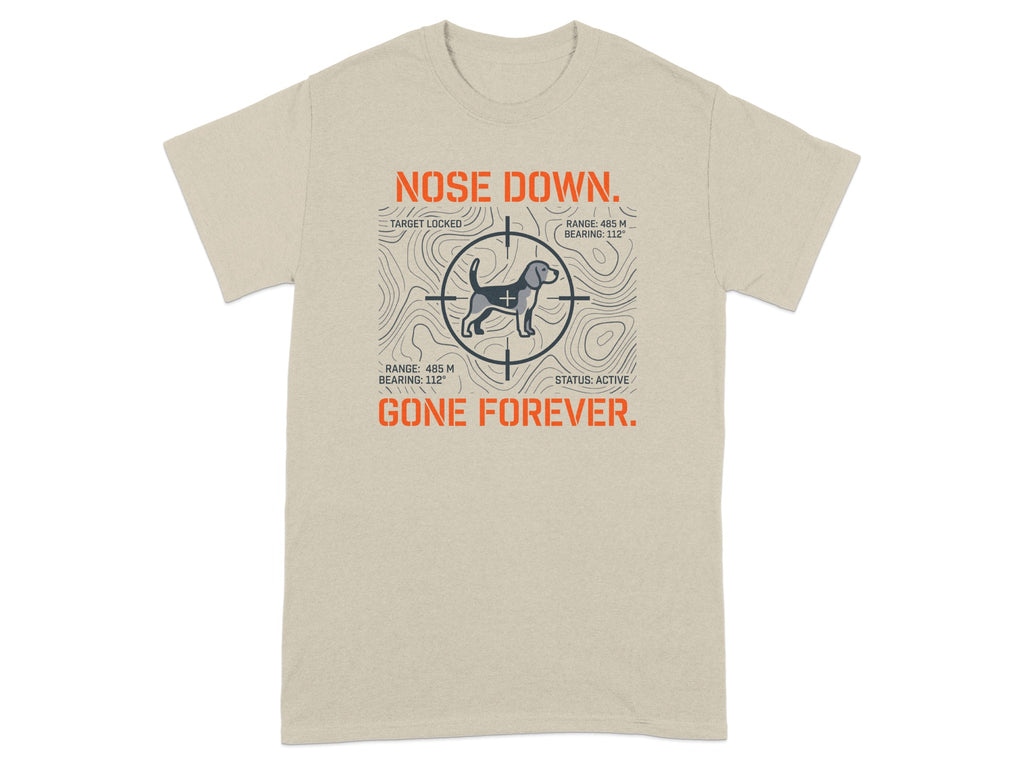 T-shirt with "NOSE DOWN. GONE FOREVER." and target graphics.