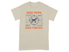 T-shirt with "NOSE DOWN. GONE FOREVER." and target graphics.