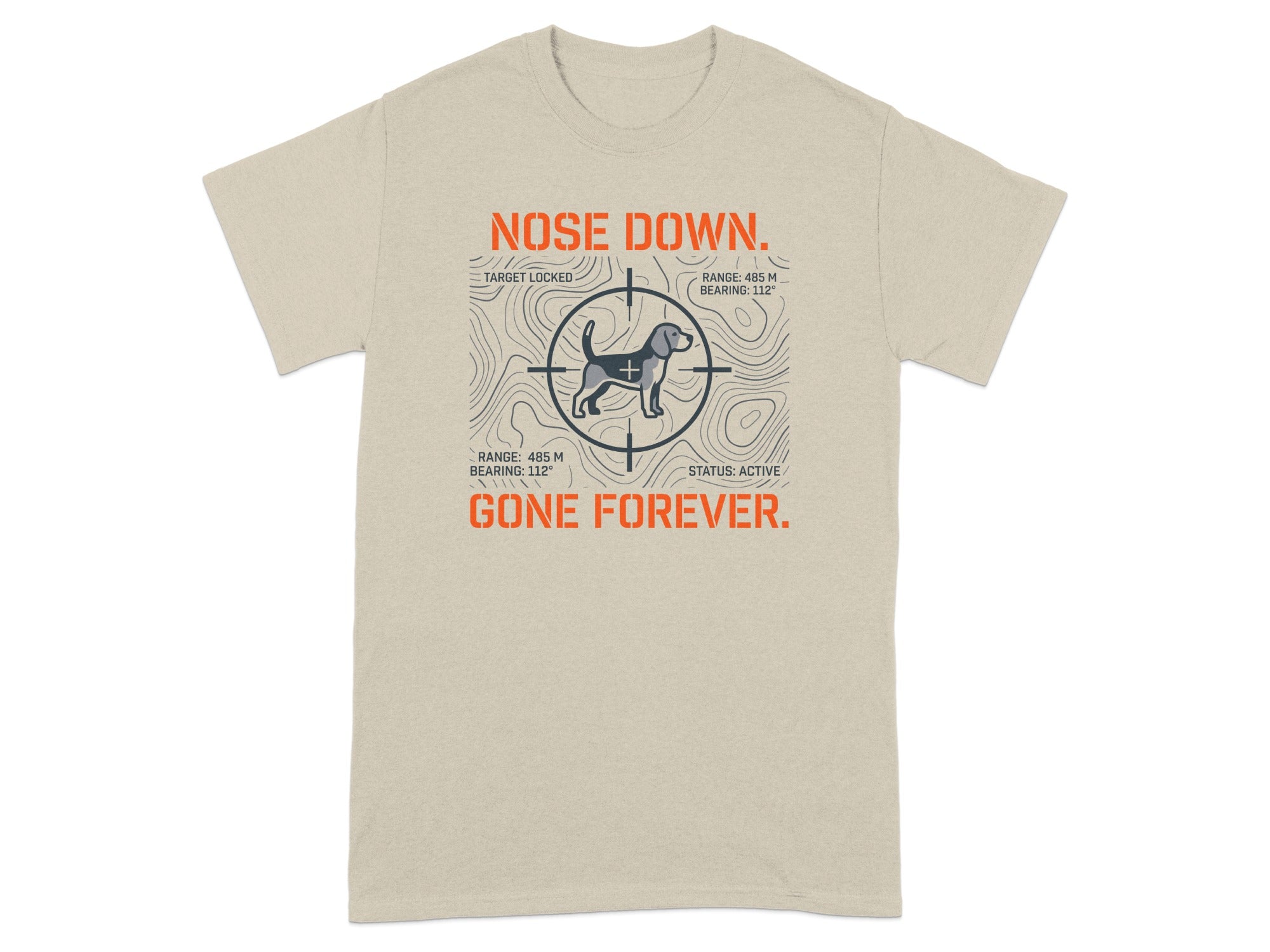 T-shirt with "NOSE DOWN. GONE FOREVER." and target graphics.