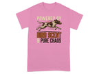 Pink t-shirt with a running dog and "Powered by Bird Scent & Pure Chaos" text.