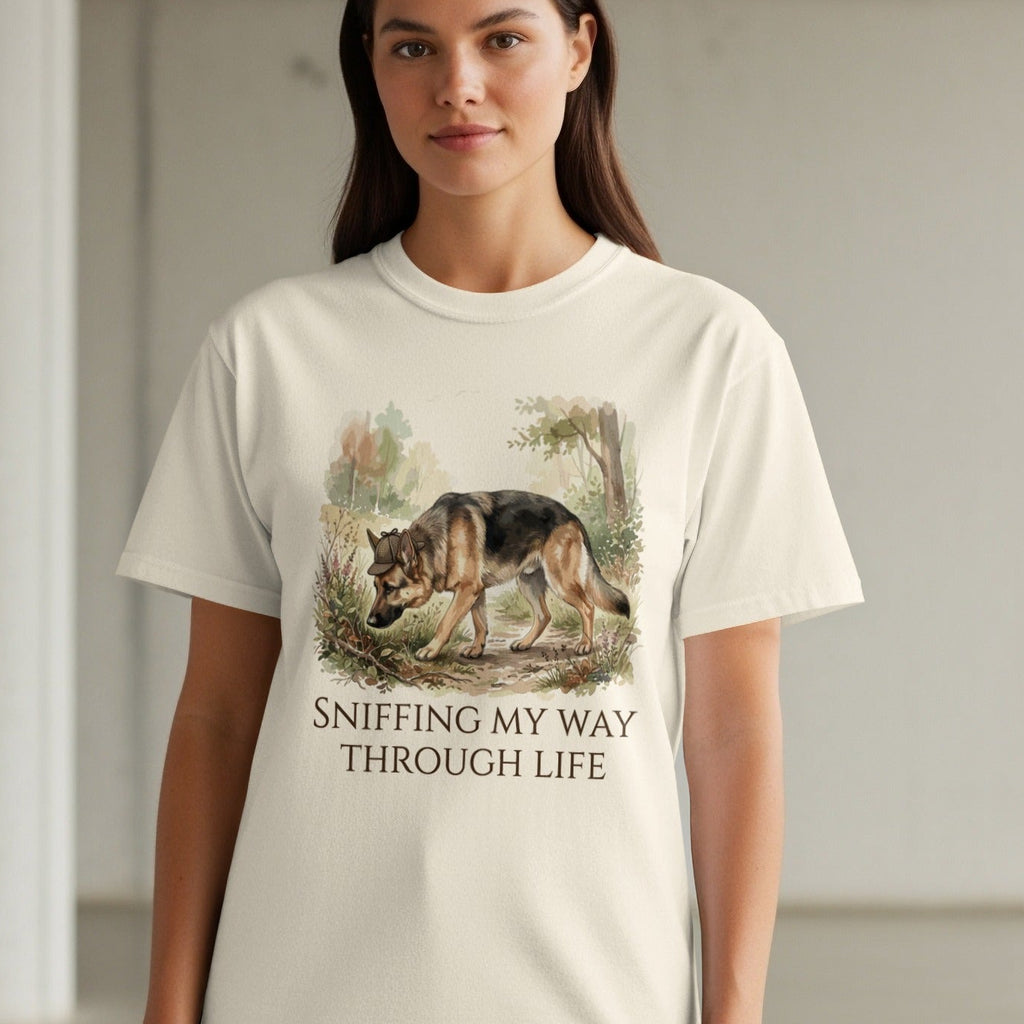 Cream t-shirt with wolf graphic and text "SNIFFING MY WAY THROUGH LIFE".