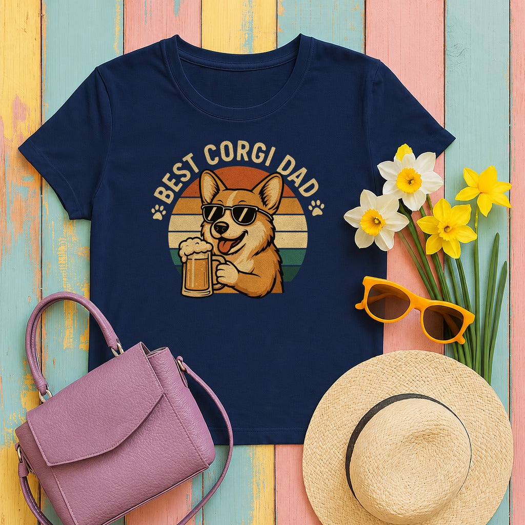 Best Corgi Dad Beer Lover Dog Retro Style Art T-Shirt in Navy