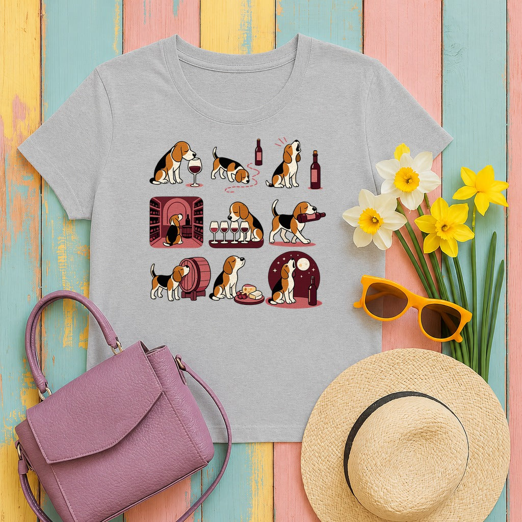 Whimsical Wine Beagle Adventures T-Shirt in Sport Grey