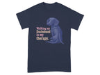 Navy t-shirt with a dachshund and the text "Walking my Dachshund is my therapy."
