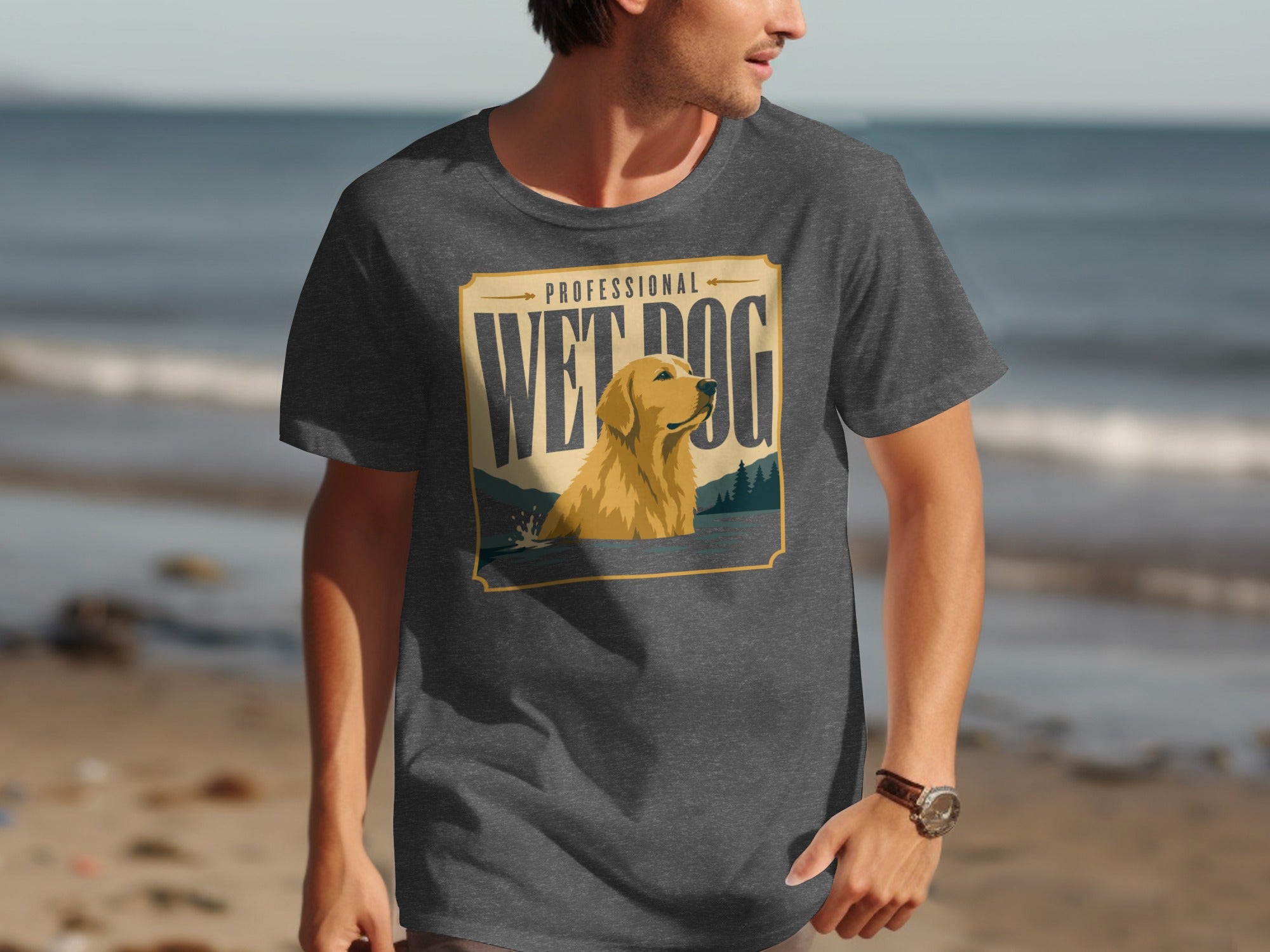 T-shirt graphic featuring a golden retriever in water with "Professional Wet Dog" text.