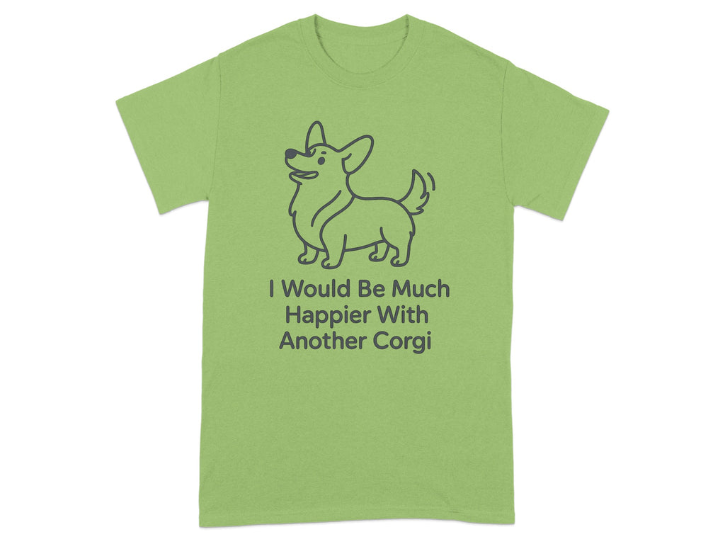 Light green t-shirt with a gray line drawing of a corgi and text.