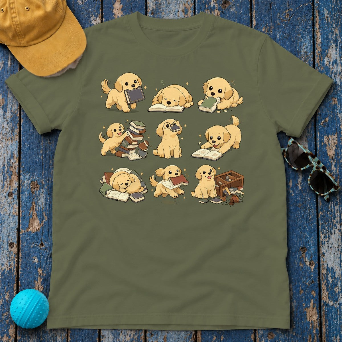 Paws & Pages Golden Retriever T-Shirt in Military Green