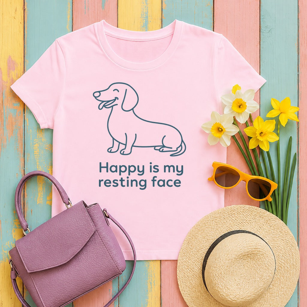Happy Is My Resting Face - Funny Dachshund T-shirt in Light Pink