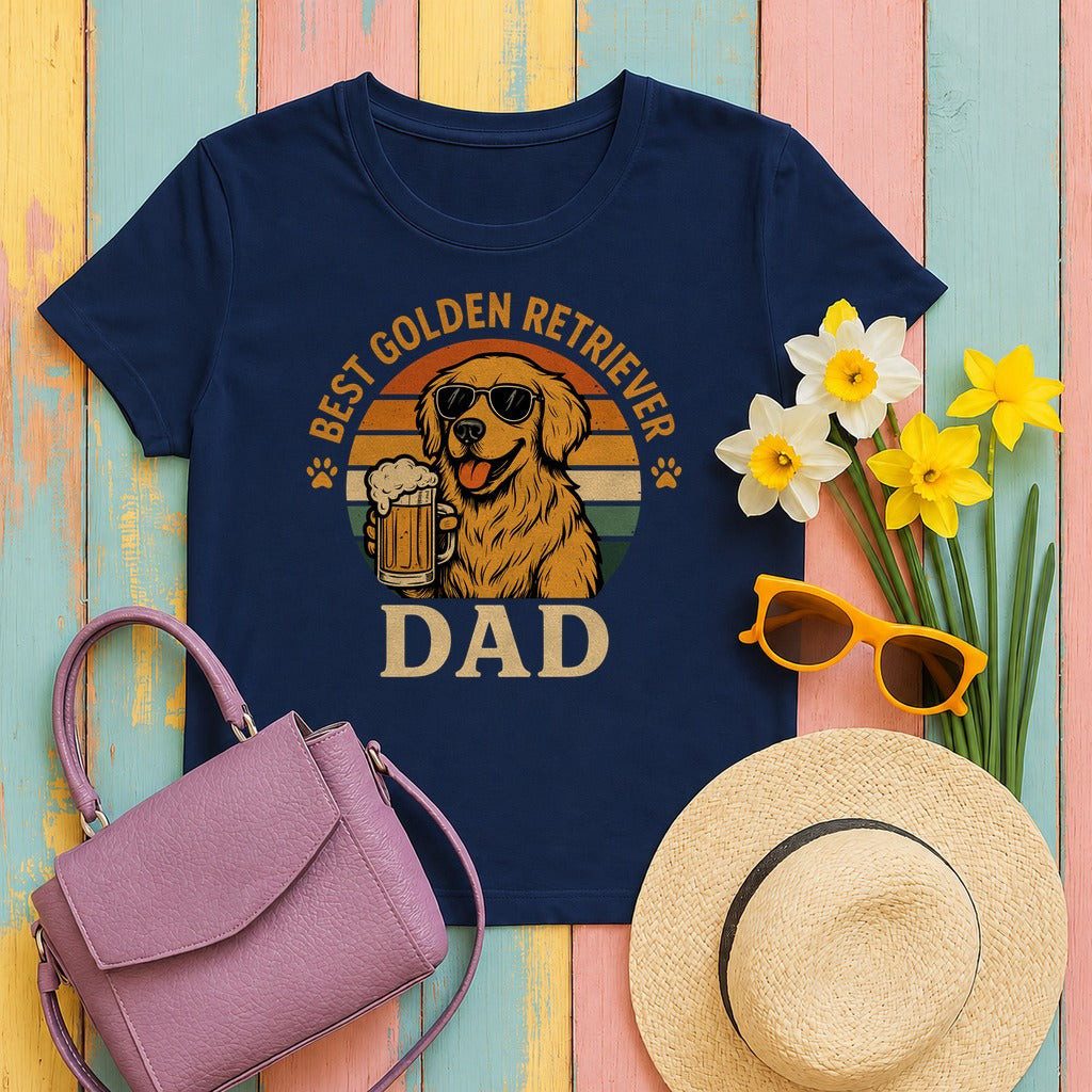 Best Golden Retriever Dad with Beer and Shades T-Shirt in Navy