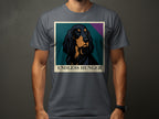 Dark-haired dog portrait with "ENDLESS HUNGER" text on a gray t-shirt.