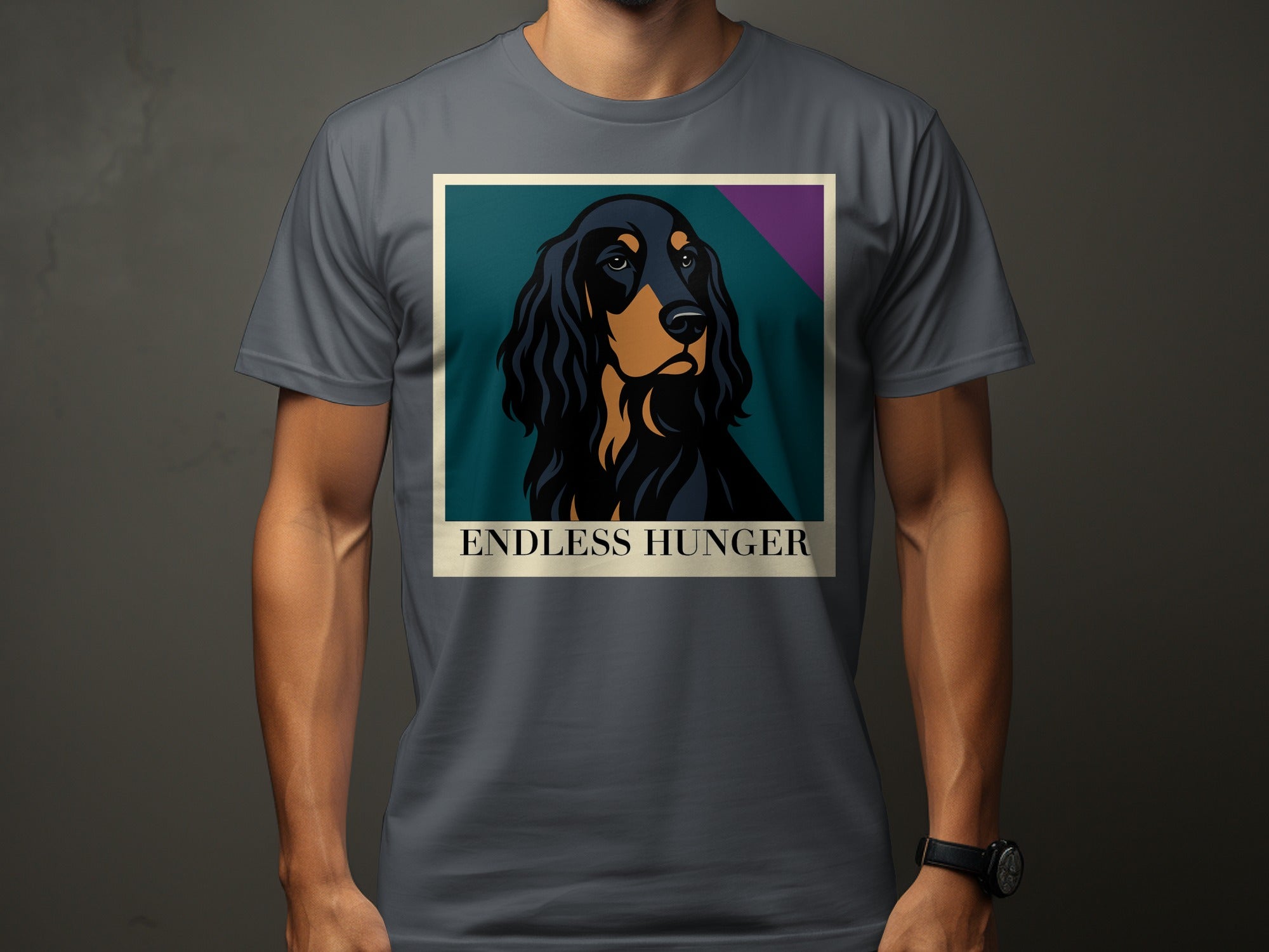 Dark-haired dog portrait with "ENDLESS HUNGER" text on a gray t-shirt.