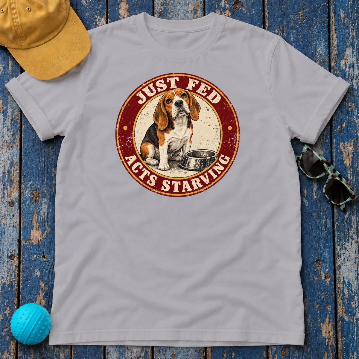 Just Fed Acts Starving Beagle T-Shirt in Athletic Heather - flat lay